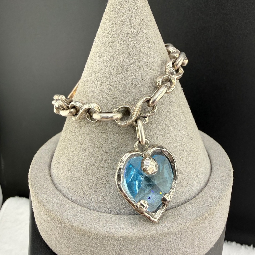 Vintage Poggi Paris Heart Charm Bracelet Silver‎ Blue Crystal Toggle Link 6.5"